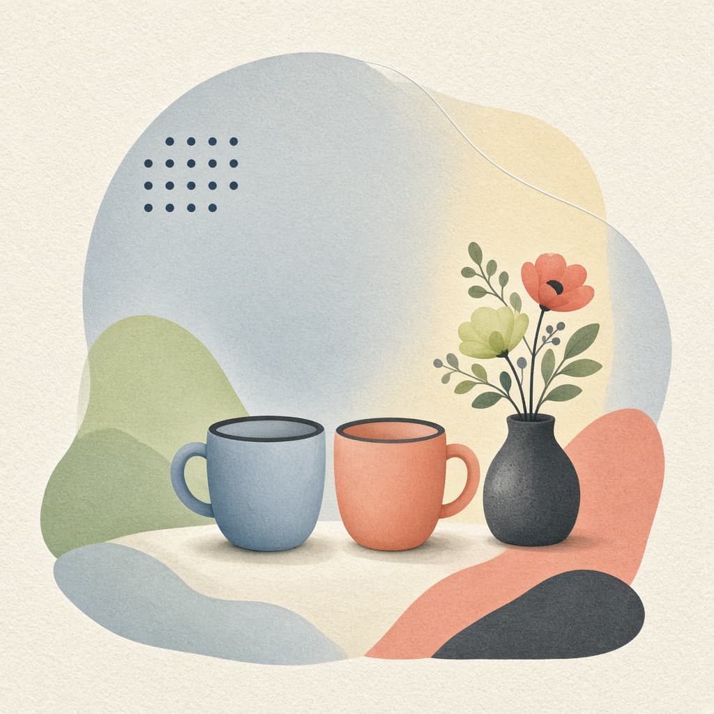 Two mugs beside flowers