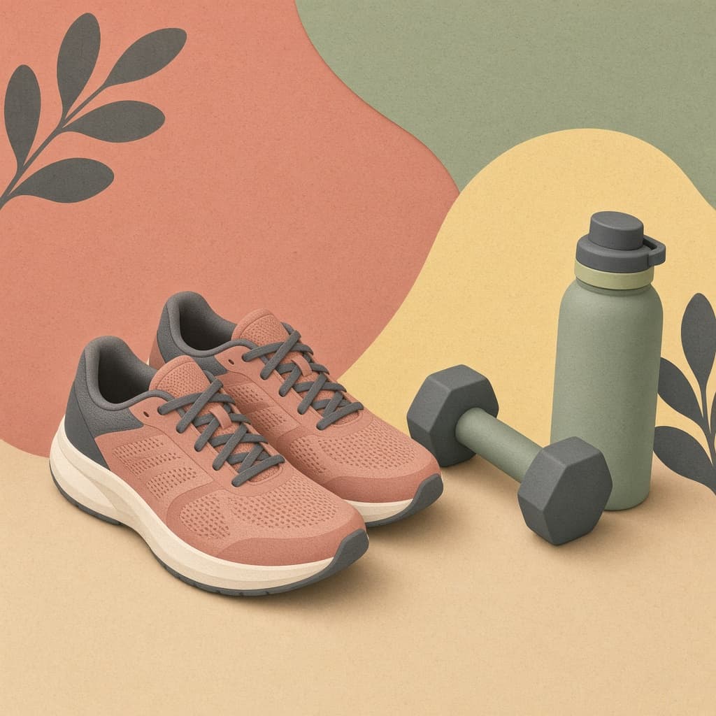 Gym shoes, dumbbell, and water bottle