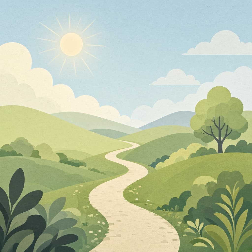 Sunny path through green hills